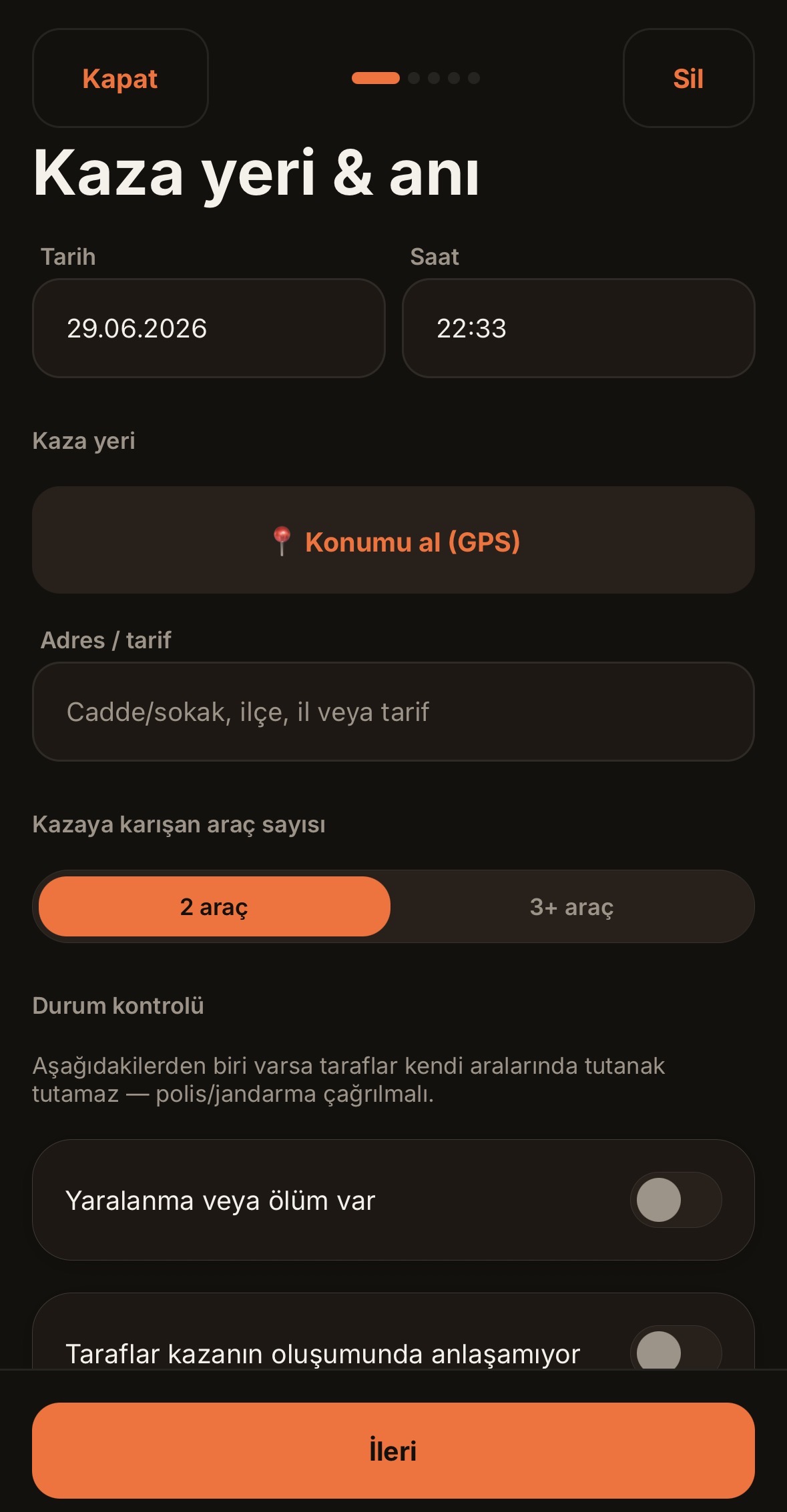 Dijital Kaza Tutanağı ekranı