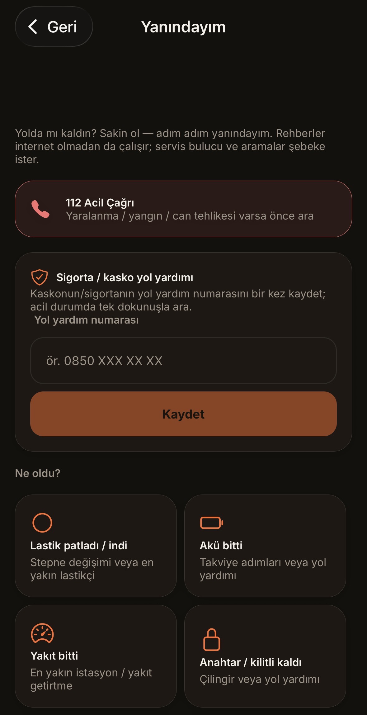 Yanındayım acil yol yardımı ekranı